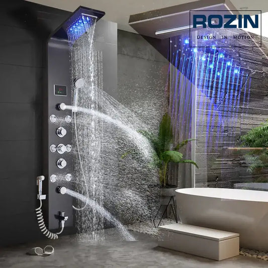 DecorBites black led waterfall shower panel in black with multiple spray settings and blue led lighting