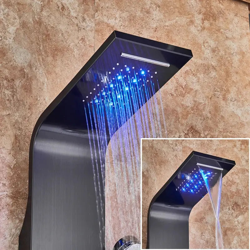 Decorbites black led waterfall shower panel with black matte finish and integrated blue led lighting for rain shower experience