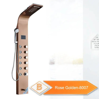 Rose gold-finished decorbites black led waterfall shower panel with sleek curved design and multiple control knobs
