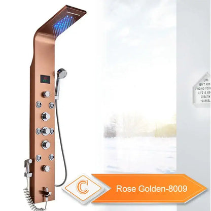 Rose gold finished shower panel with multiple knobs, handheld showerhead, and illuminated decorbites black led waterfall head