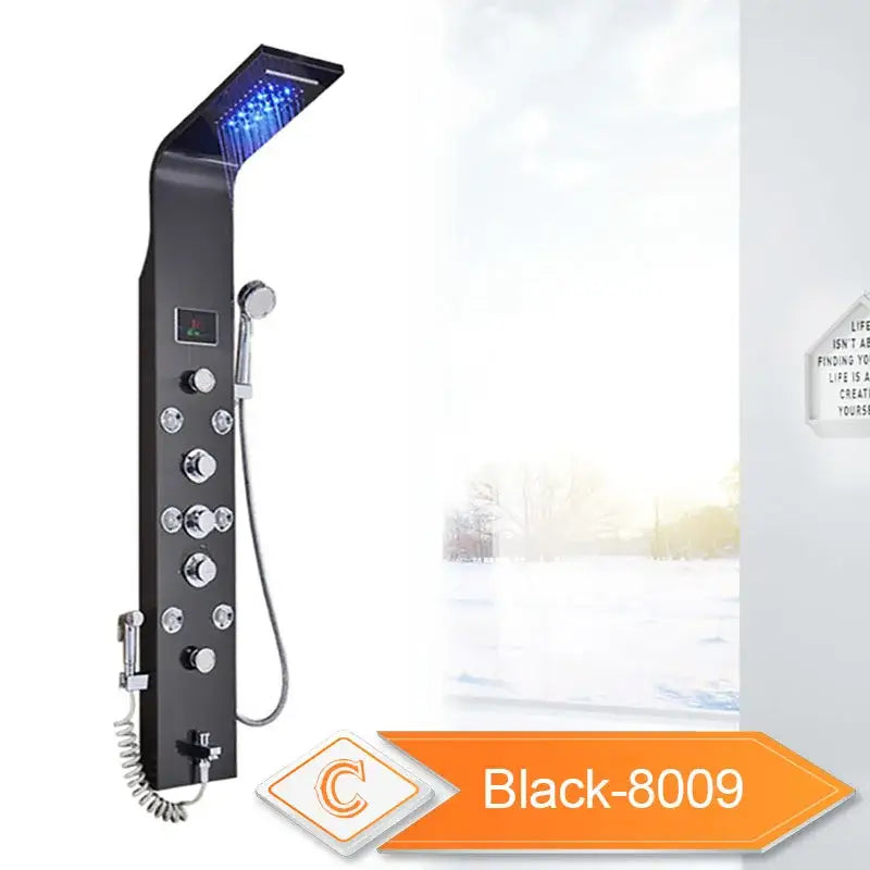 Decorbites black led waterfall shower panel with chrome knobs and large rectangular rainhead emitting blue led lights