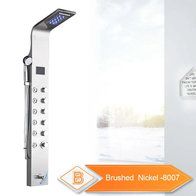 Brushed nickel shower panel with rectangular rainhead and multiple knobs in decorbites black led waterfall design