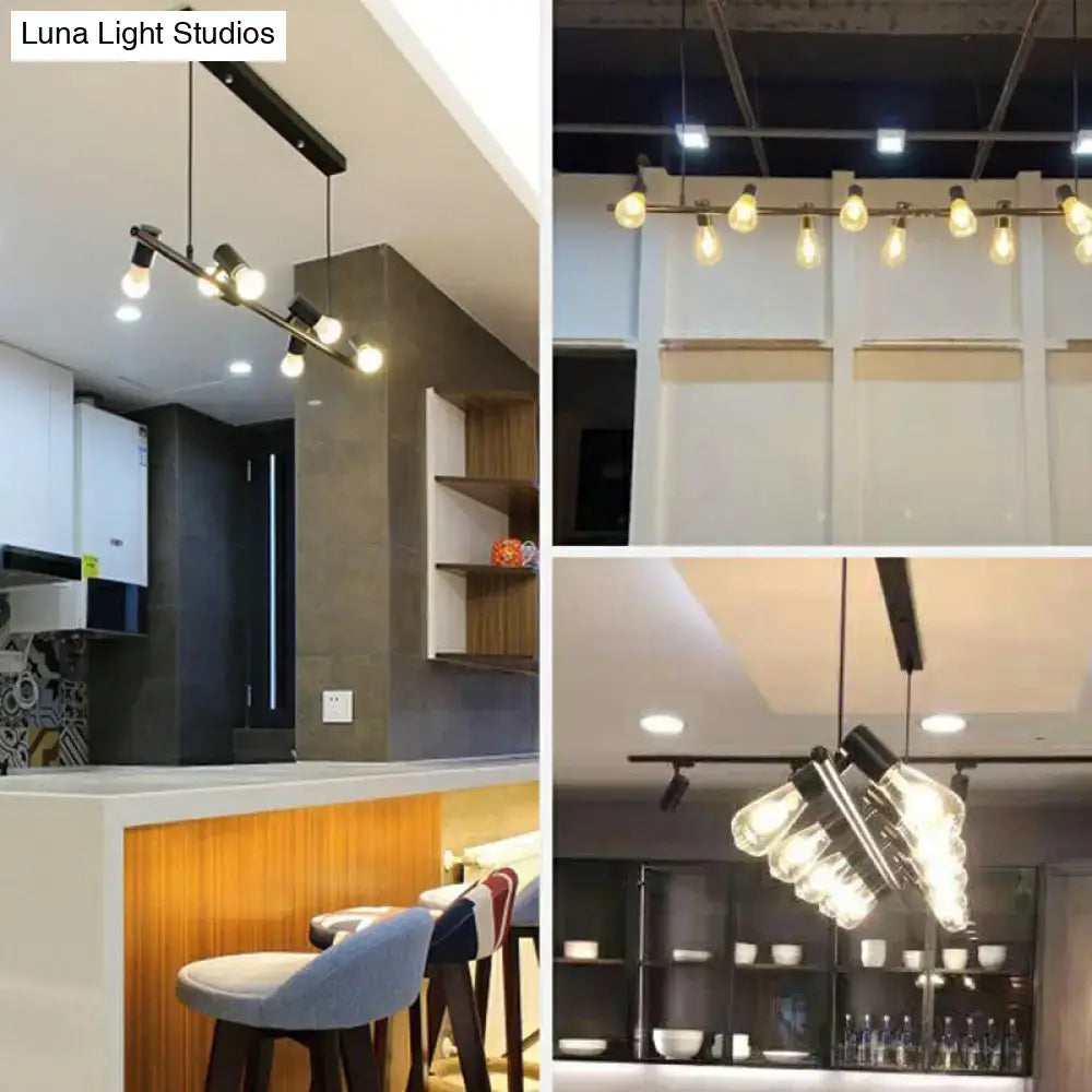 Decorbites black linear island pendant light with industrial metal track and exposed edison bulbs for restaurants and lofts