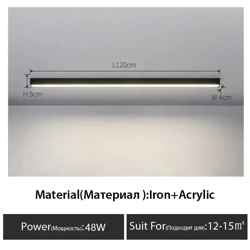 A sleek DecorBites black linear LED ceiling lamp with black iron and acrylic finish for living room and dining room
