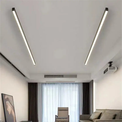 Two sleek decorbites black linear LED ceiling lights with minimalist design and cool white illumination for modern spaces