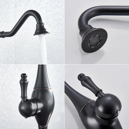Decorbites black long neck kitchen faucet with matte black finish curved spout and ornate handle deck mounted mixer tap