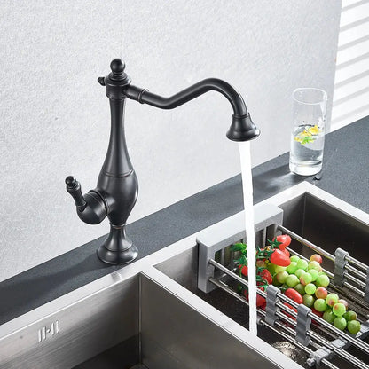 Decorbites black long neck kitchen faucet with black matte finish curved spout and ornate handle deck mounted mixer tap