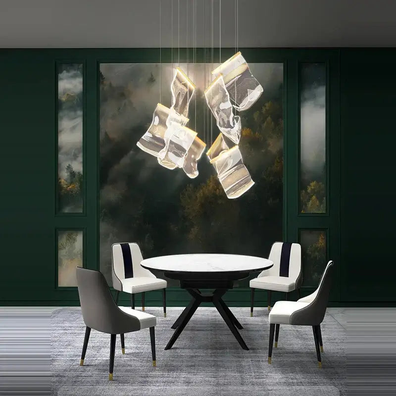 Modern decorbites black love chandelier lighting with translucent glass and metallic accents for dining room use