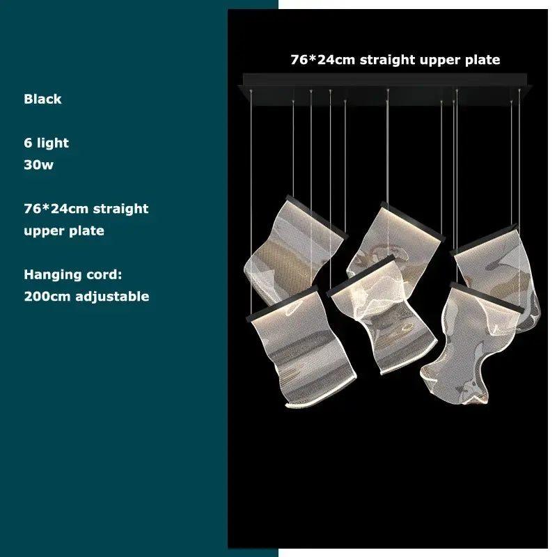 Modern black pendant love chandelier lighting by DecorBites with six illuminated translucent mesh panels for dining room