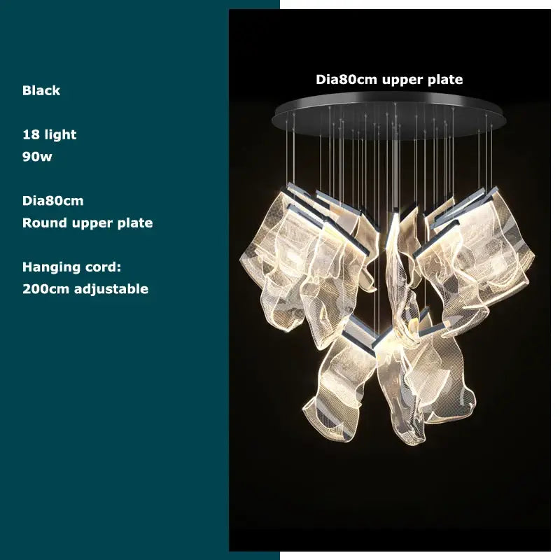 Decorbites black love chandelier lighting features a black round upper plate with 18 lights and translucent mesh shades suspended by cords