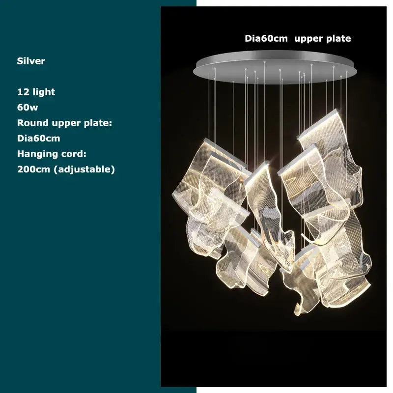 Silver modern decorbites black love chandelier lighting with 12 lights and flowing mesh shades for dining room