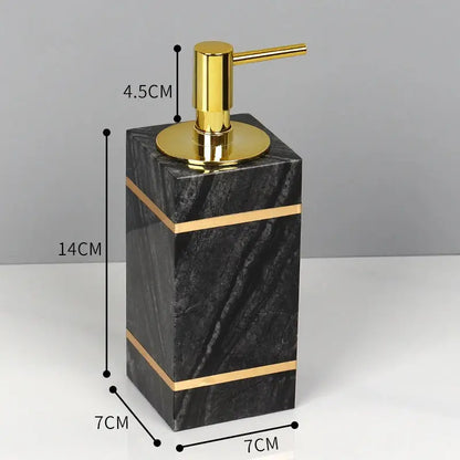Decorbites black marble soap dispenser with gold-tone pump and accent stripes for marble bathroom accessories set