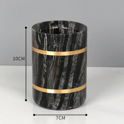 Decorbites black marble toothbrush holder with two gold-toned metallic bands in black marble bathroom accessories set