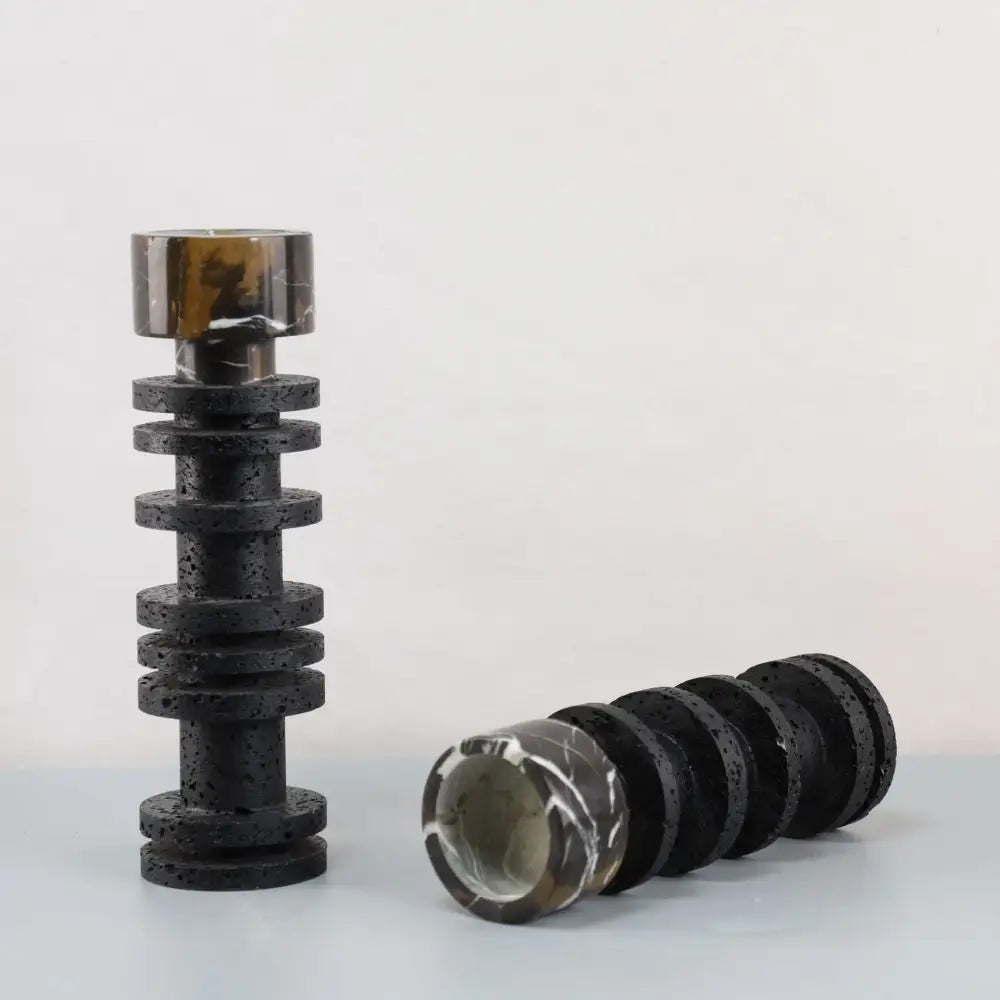 DecorBites black marble candle holder with a polished black terrazzo and marble tiered design for elegant table centerpieces