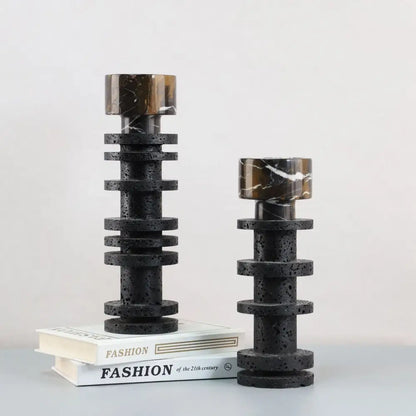 Decorbites black marble candle holder featuring black terrazzo body with polished brown marble top for elegant centerpieces