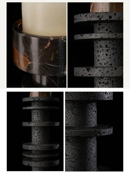 Decorbites black marble pillar candlestick with black speckled volcanic stone and polished dark marble base with gold veining