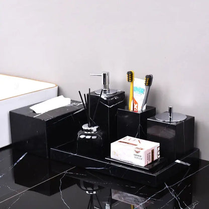 Decorbites black marquina bathroom set featuring black marquina marble with polished chrome accents and modern design