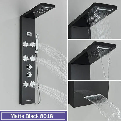 Matte black decorbites black massage shower panel with temperature display and 5 spray modes including waterfall feature