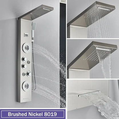 Brushed nickel decorbites black massage shower panel with large rainhead temperature display and multiple jets