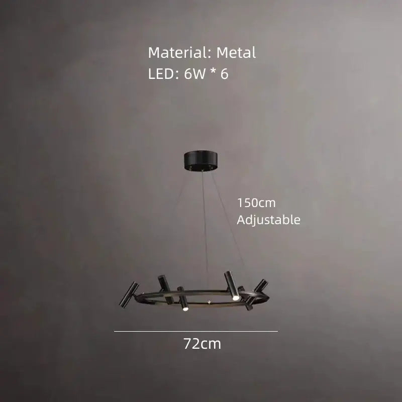 Decorbites black metal chandelier with six 6w led lights in a minimalist circular design for dining room lighting
