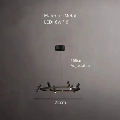 Decorbites black metal chandelier with six 6w led lights in a minimalist circular design for dining room lighting