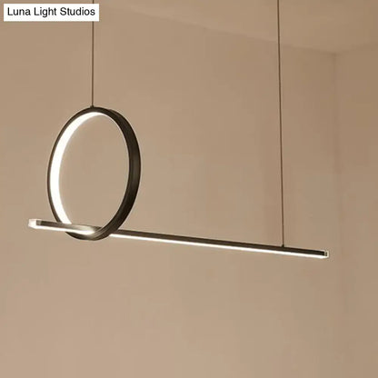 Modern minimalist black metal LED linear pendant and ring island light with illuminated inner glow for kitchen ceiling