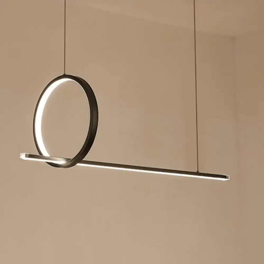 Modern black metal DecorBites™ LED linear pendant and ring island light with integrated horizontal bar for kitchen ceiling