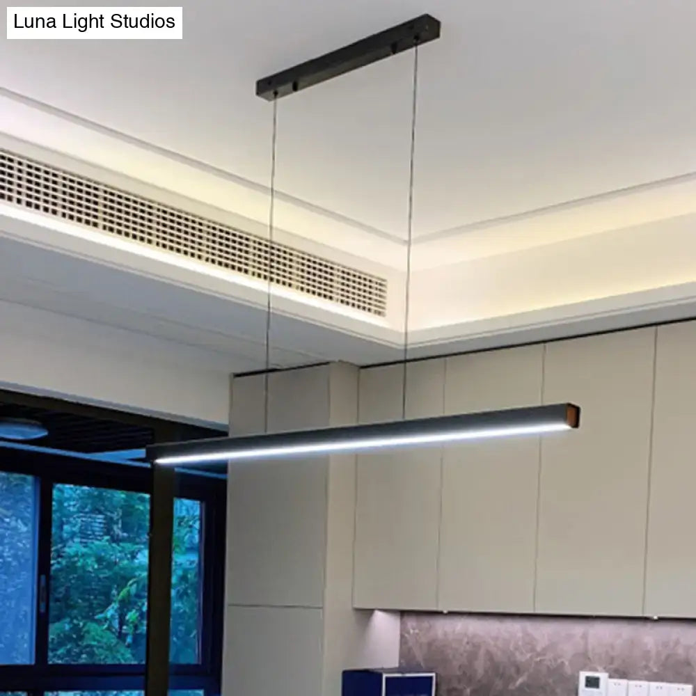 Modern black metal linear led pendant light with sleek minimalist design and thin cables for restaurant use with remote control