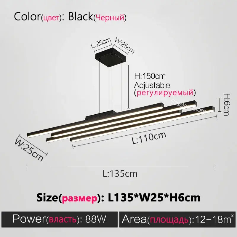 Decorbites black nordic chandelier with three horizontal led light bars and adjustable height for living room use
