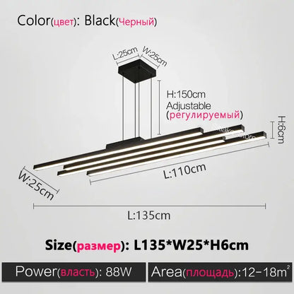 Decorbites black nordic chandelier with three horizontal led light bars and adjustable height for living room use