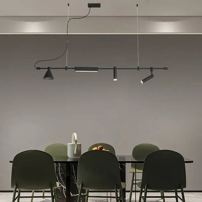 Modern black nordic designer chandelier with adjustable spotlights and minimalist linear pendant light for dining room