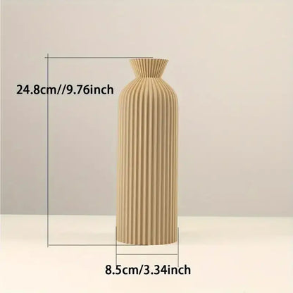 Beige ribbed plastic vase with fluted neck and tapered base by DecorBites stylish boho decor centerpiece