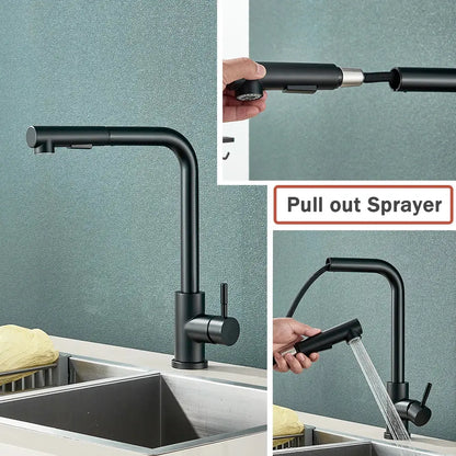 Decorbites black pull out kitchen faucet with dual mode nozzle and black matte finish for modern use
