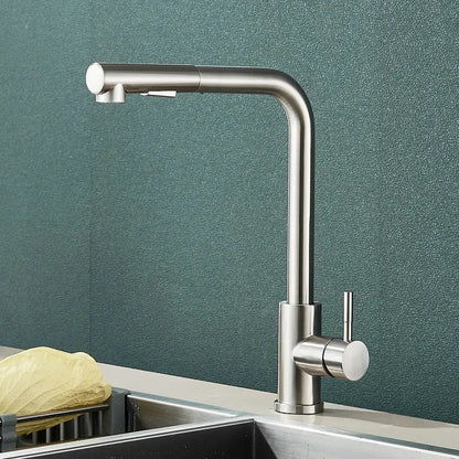 Modern stainless steel decorbites black pull kitchen faucet with sleek curved spout and dual mode pull-down spray head