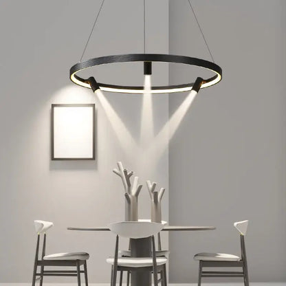 Modern decorbites black round combo chandelier with integrated led and three downward-facing spotlights for living room use
