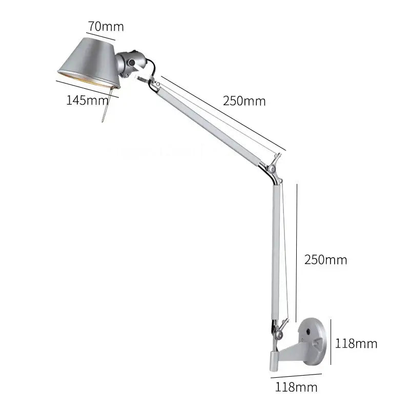 Silver metallic adjustable decorbites black silver rotatable wall light with articulated arm and conical shade for study office