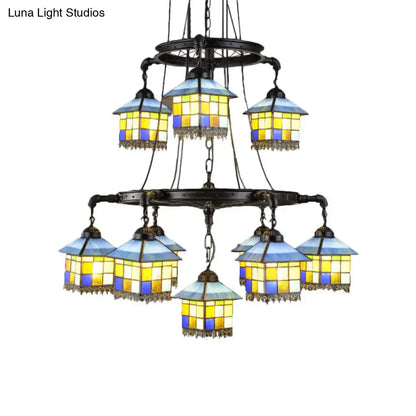DecorBites™ black stained glass 2-tier chandelier with dark bronze frame for lodge style living rooms 220v-240v 110v-120v
