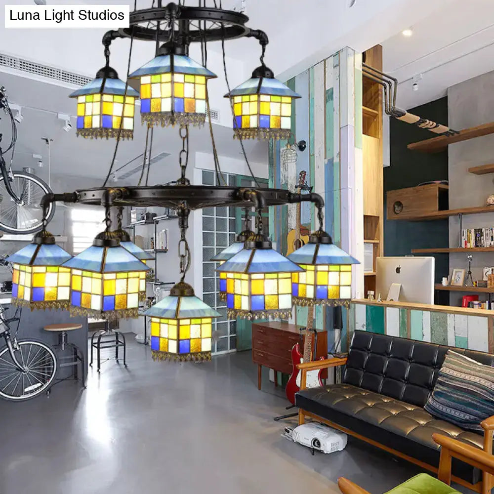 DecorBites™ black stained glass 2-tier chandelier with yellow blue and green hexagonal shades for lodge style rooms 220v-240v 110v-120v