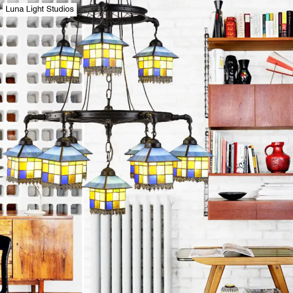 Decorbites black stained glass 2-tier chandelier with blue and yellow panels and ornate metal frame for lodge style, 220v-240v and 110v-120v compatible