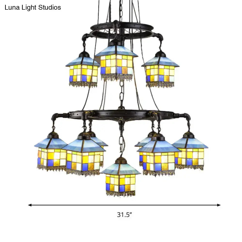 Decorbites black stained glass 2-tier chandelier with blue and yellow shades and dark metal frame for lodge style rooms compatible with 110v-120v and 220v-240v