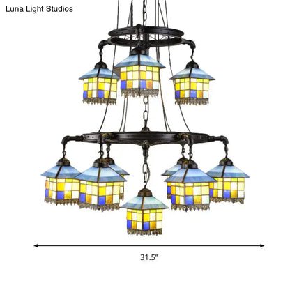 Decorbites black stained glass 2-tier chandelier with blue and yellow shades and dark metal frame for lodge style rooms compatible with 110v-120v and 220v-240v