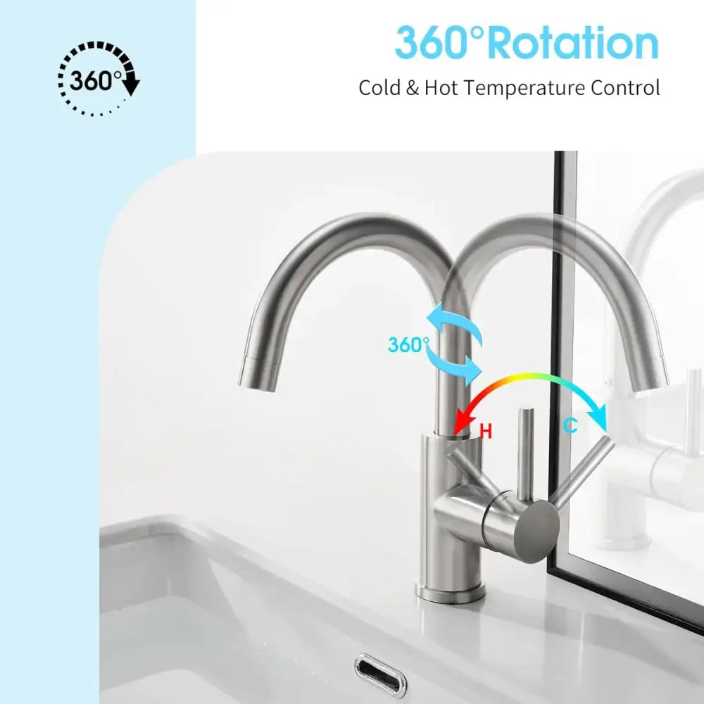 Decorbites™ black stainless steel bathroom faucet with single handle, 360-degree rotation, acero inoxidable alta calidad duradero y práctico
