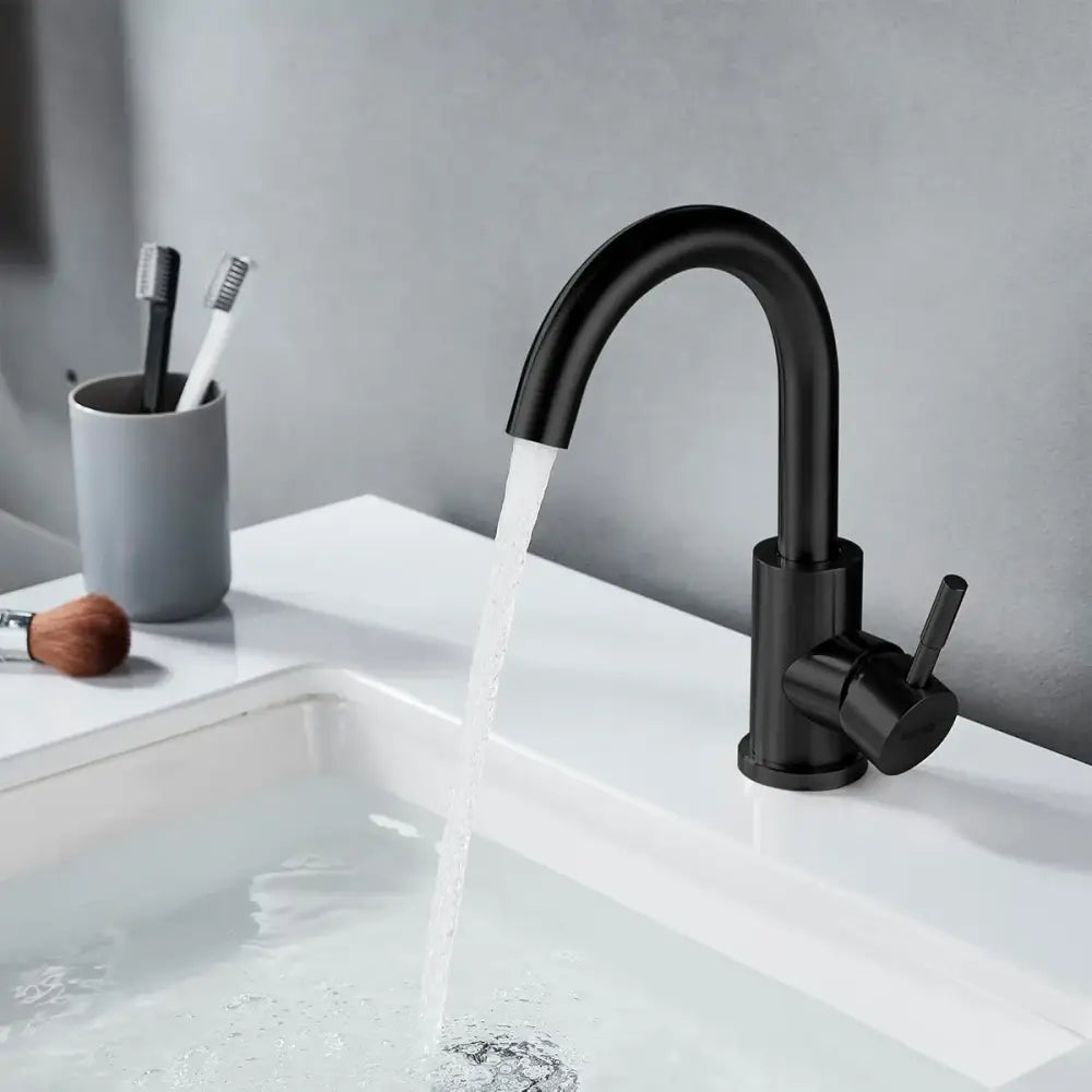 Black stainless steel bathroom faucet decorbites with matte finish curved spout single handle durable y práctico alta calidad