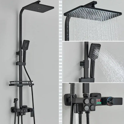 Black matte finish decorbites black thermostatic digital shower faucet set with square rainhead and handheld spray nozzle