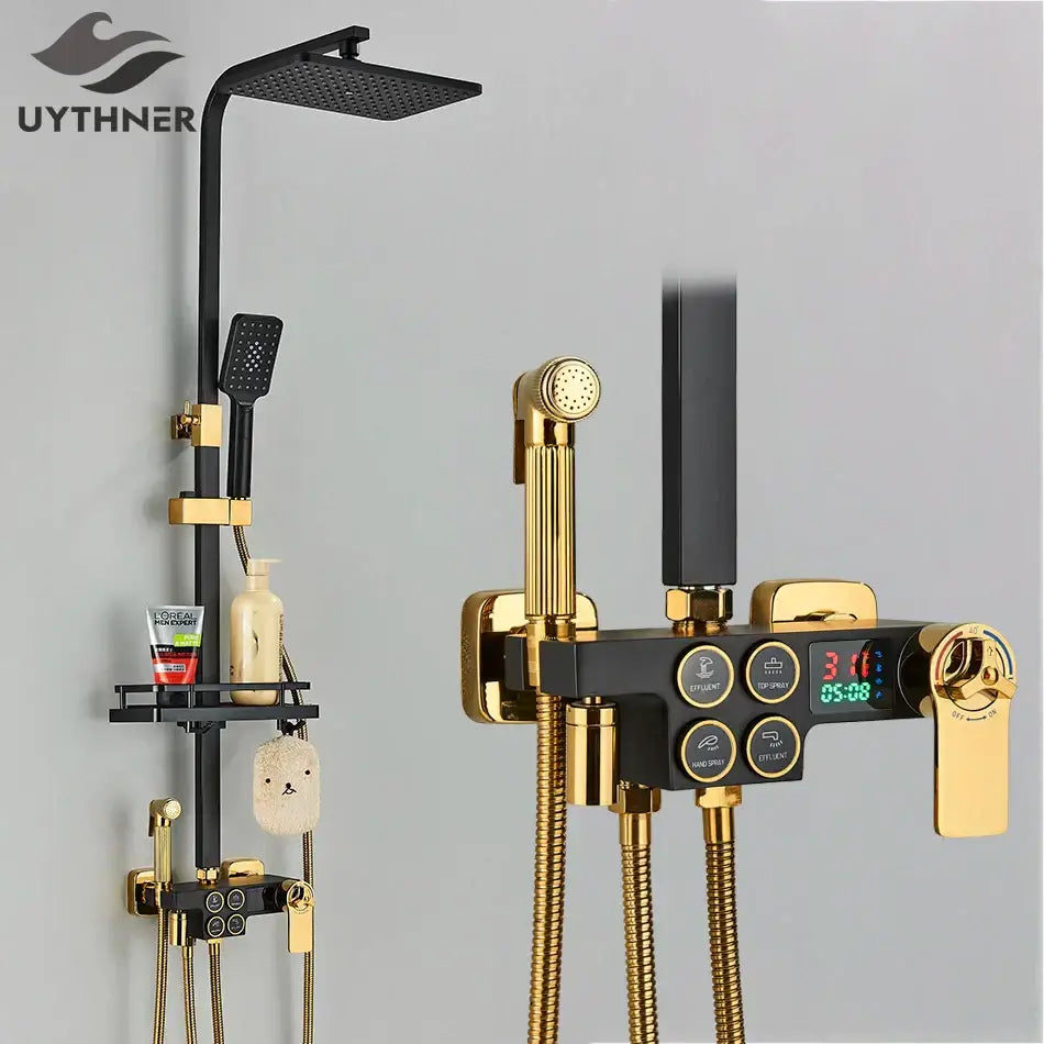Decorbites black thermostatic digital shower faucet set with black and gold square rainhead and handheld sprayer