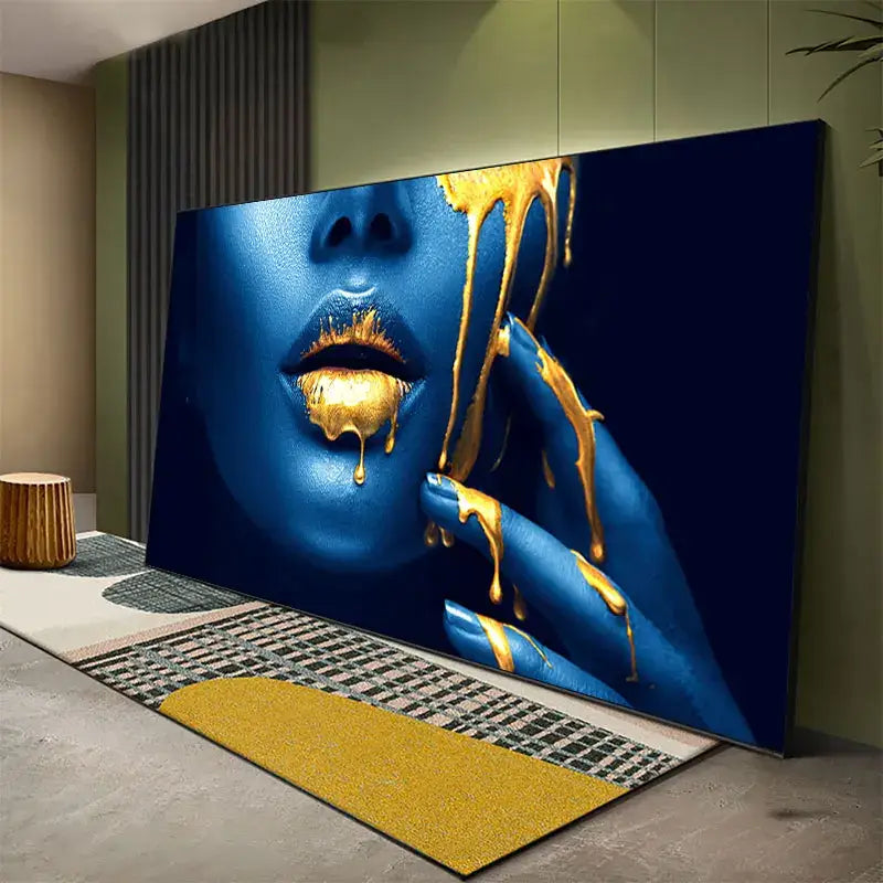 Decorbites™ black women lips oil painting with blue and gold abstract face and golden drips on canvas wall art