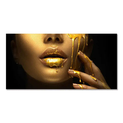 Decorbites™ oil painting of black women with golden lips oil dripping artistically down face and fingers in metallic flow