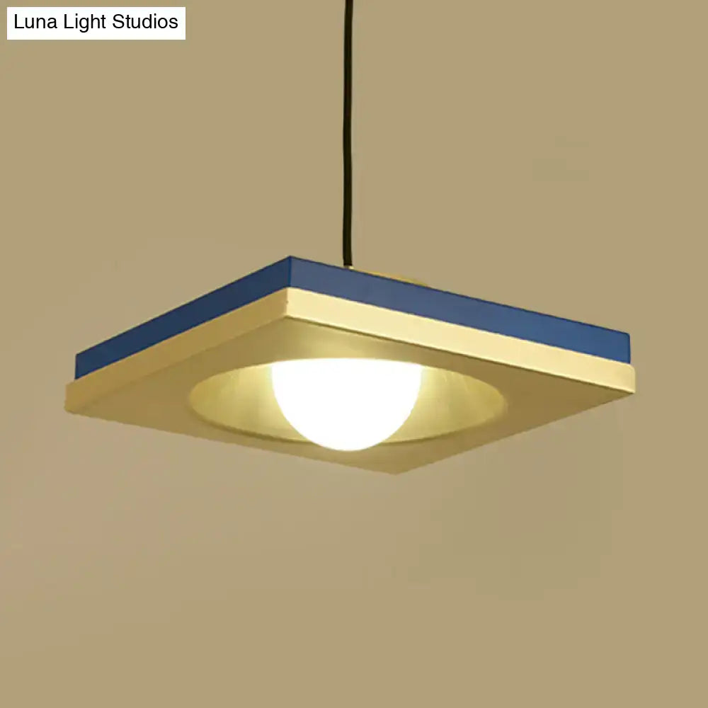 Decorbites blue and gold modernist pendant light with metal concave squares and warm glowing bulb base for bedrooms