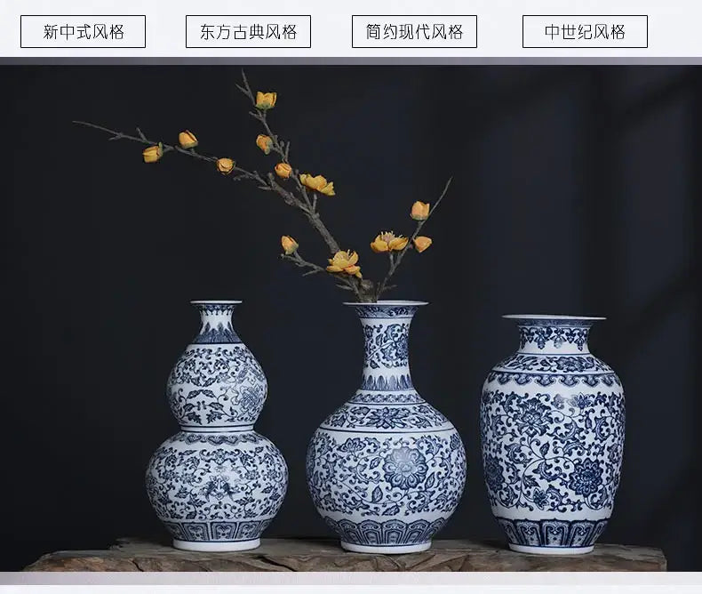 Three blue and white ceramic vases with intricate floral patterns perfect for elegant home decor by decorbites