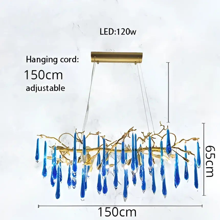 Decorbites blue crystal chandelier featuring blue glass teardrops with gold-toned metal frame and hanging cord for dining room